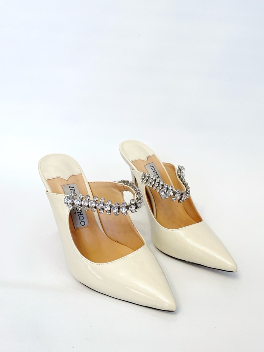 Jimmy Choo Bing 100MM Embellished Patent Leather Mules Ivory Crystal womens 7 38 - Picture 3 of 10